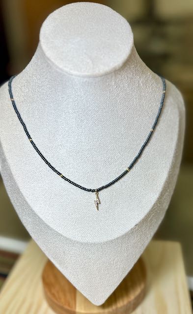 Steel Gray Boho Beaded Necklace with Gold Lightning Bolt Charm