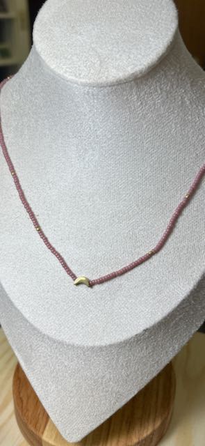 Pale Pink Moon Boho Beaded Necklace with Gold Moon Charm