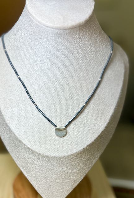 Steel Gray Boho Beaded Necklace with Pure Silver Circle Pendant