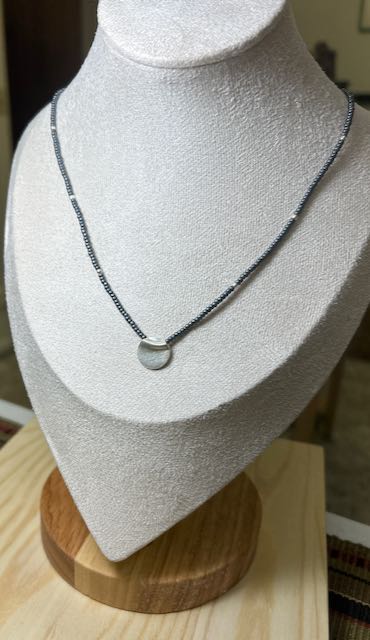 Steel Gray Boho Beaded Necklace with Pure Silver Circle Pendant
