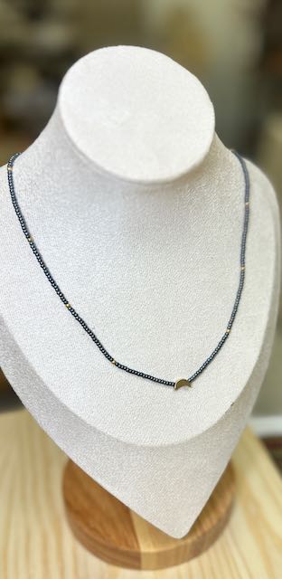 Steel Gray Moon Boho Beaded Necklace with Gold Moon Charm