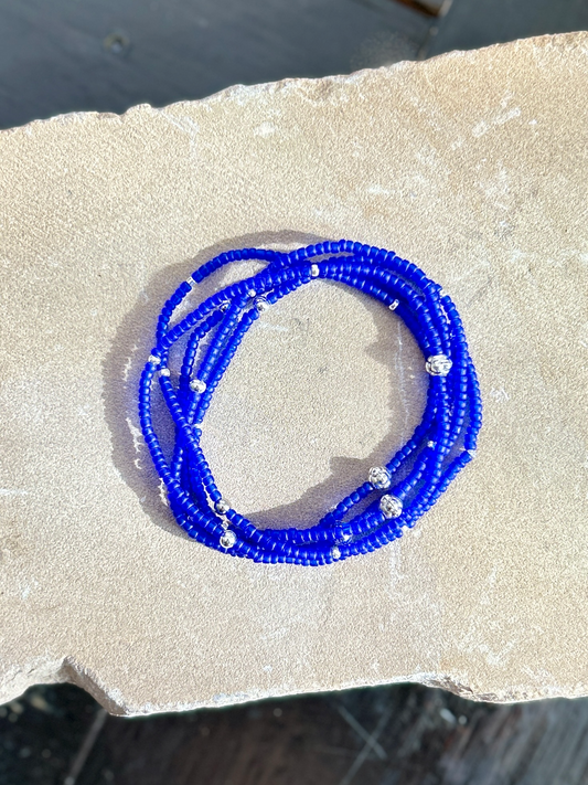 Translucent Cobalt Blue Silver-Sprinkle Beaded 5-Wrap Bracelet