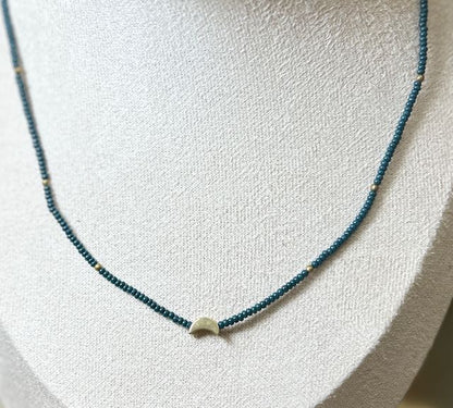 Steel Gray Moon Boho Beaded Necklace with Gold Moon Charm