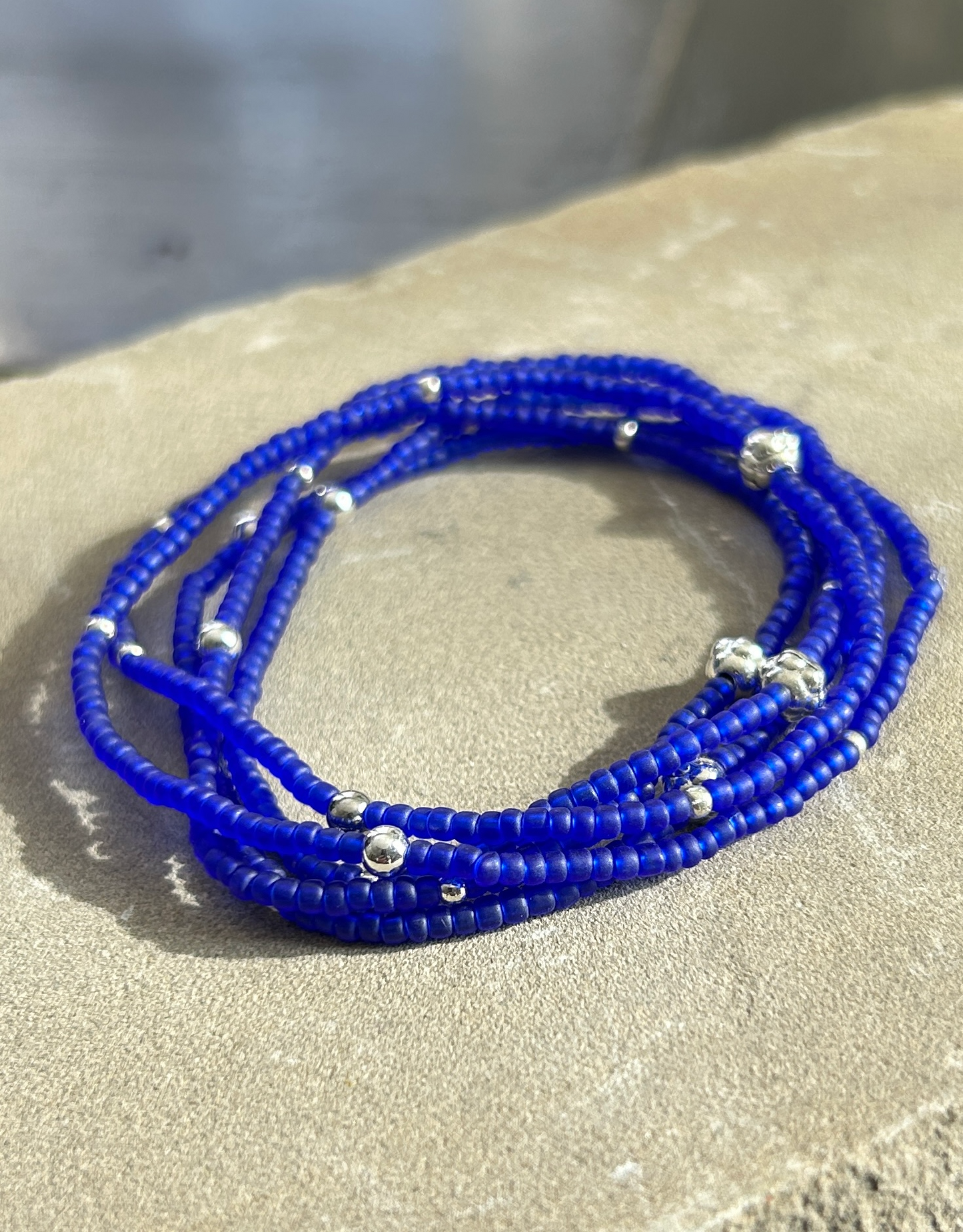 Translucent Cobalt Blue Silver-Sprinkle Beaded 5-Wrap Bracelet