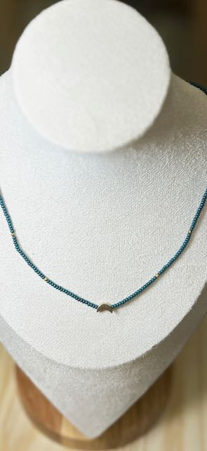Pale Blue Moon Boho Beaded Necklace with Gold Moon Charm