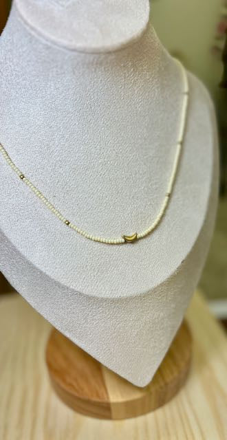 Creamy White Moon Boho Beaded Necklace with Gold Moon Charm