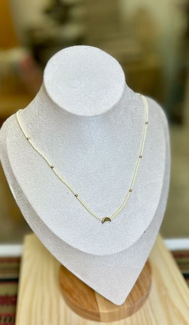 Creamy White Moon Boho Beaded Necklace with Gold Moon Charm