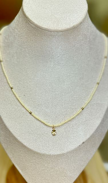 Creamy White Shining Star Boho Beaded Necklace with Gold Charm