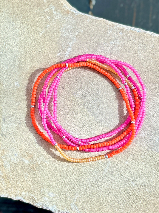 Neon Pink Color Fusion Silver-Sprinkled Beaded Boho Wrap Bracelet