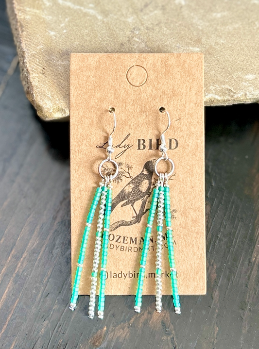 Translucent Jade & Silver Striped Seed Bead Dangle Earrings