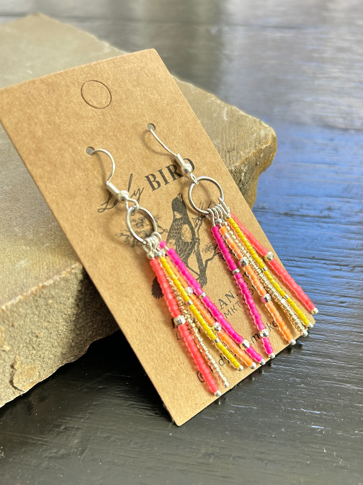 Neon Color Mix & Silver Striped Seed Bead Dangle Earrings