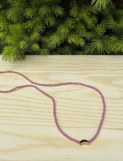 Pale Pink Moon Boho Beaded Necklace with Gold Moon Charm