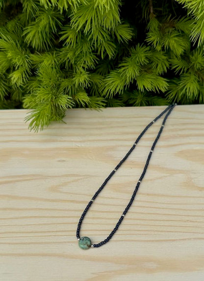 Steel Gray Boho Seed Bead Necklace with African Turquoise Circle Pendant – Stretchy Handmade Gemstone Jewelry