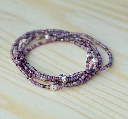Mixed Purple & Silver or Gold Beaded Wrap Bracelet/Necklace