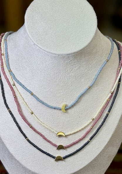 Light Gray Moon Boho Beaded Necklace with Gold Moon Charm