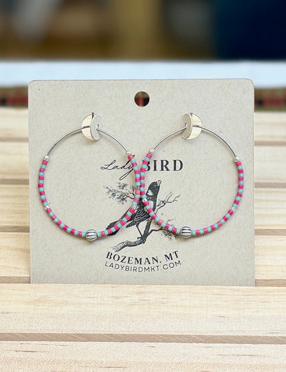 Red & Light Grey Striped Boho Seed Bead Hoop Earrings