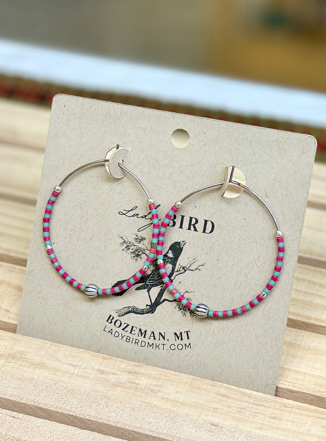 Red & Light Grey Striped Boho Seed Bead Hoop Earrings