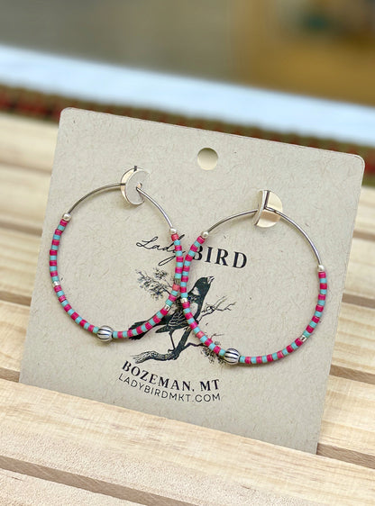 Red & Light Grey Striped Boho Seed Bead Hoop Earrings