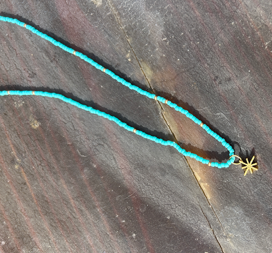 Gold Starburst Bling Turquoise Stretchy Seed Bead Necklace