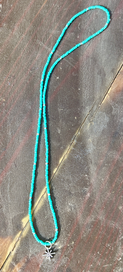 Silver Starburst Bling Turquoise Stretchy Seed Bead Necklace