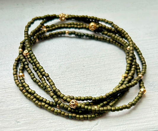 Olive Green Gold-Sprinkled Beaded Boho Wrap Bracelet