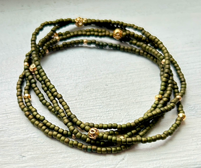 Olive Green & Gold or Silver Sprinkled Beaded Boho Wrap Bracelet