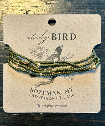 Olive Green & Gold or Silver Sprinkled Beaded Boho Wrap Bracelet