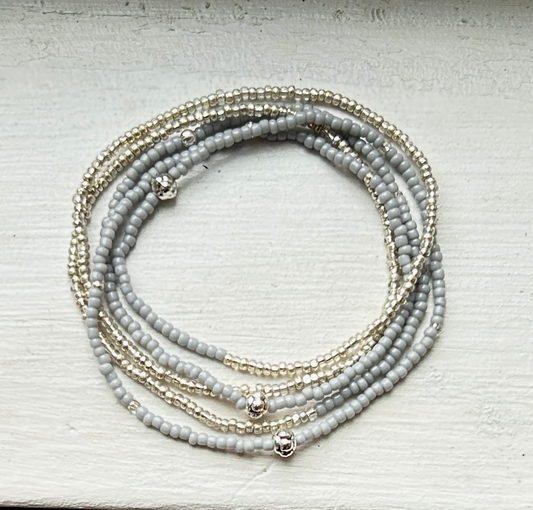 Light Grey Silver Lined Combo Beaded 5-Wrap Bracelet