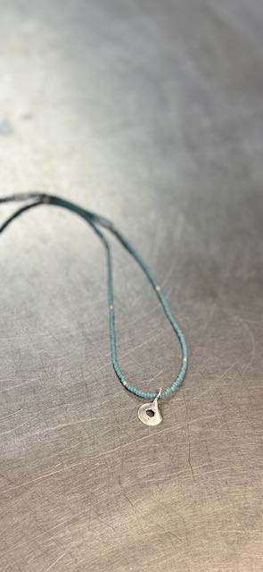 Baby Blue Boho Beaded Necklace with Hammered Silver Circle Charm