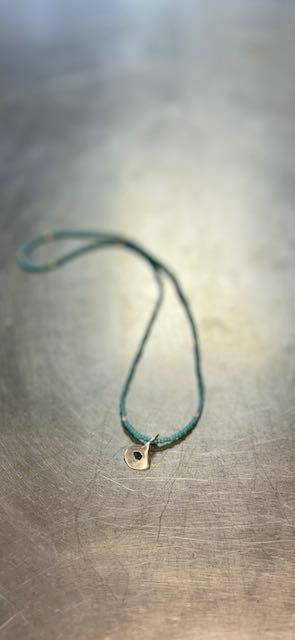 Baby Blue Boho Beaded Necklace with Hammered Silver Circle Charm