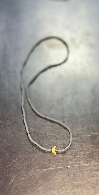 Light Gray Moon Boho Beaded Necklace with Gold Moon Charm
