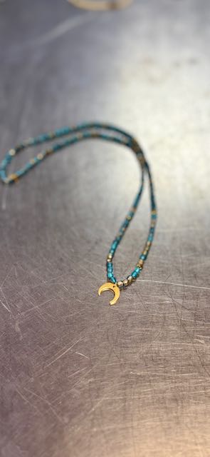 Sparkly Blue Moon Boho Beaded Necklace with Gold Moon Charm