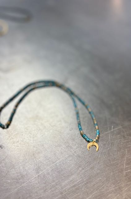 Sparkly Blue Moon Boho Beaded Necklace with Gold Moon Charm