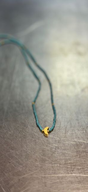 Eucalyptus Green Moon Boho Beaded Necklace with Gold Moon Charm