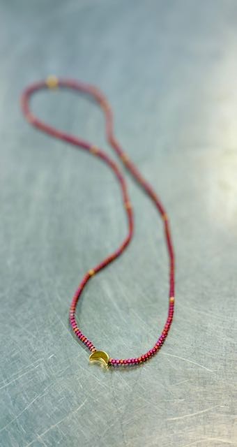 Raspberry Moon Boho Beaded Necklace with Gold Moon Charm