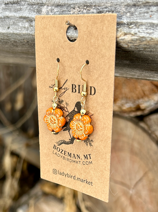 Bright Orange & Gold Wild Rose Etched Glass Flower Earrings