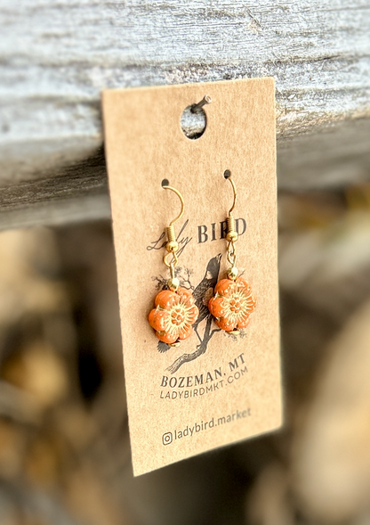 Bright Orange & Gold Wild Rose Etched Glass Flower Earrings
