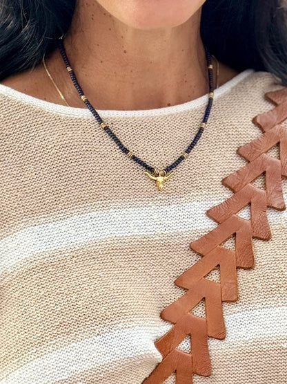 Jet Black Onyx & Silver or Gold Steer Skull Pendant Stretchy Boho Necklace