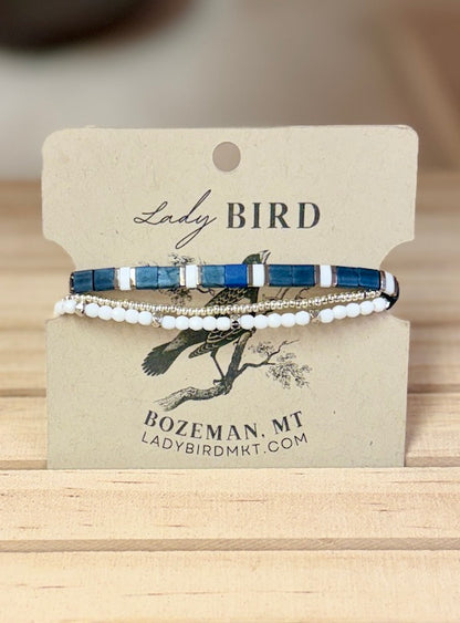 Classic Navy & White Tila Bead Stacked Bracelet Set