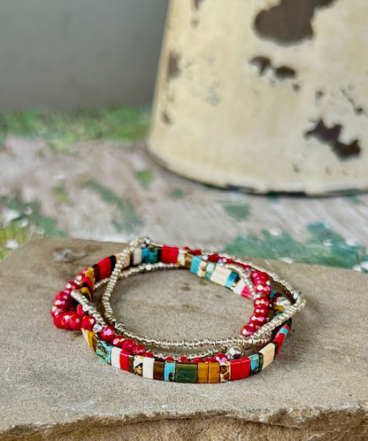 Beach Bum with Magenta Stretchy Tile Beaded Bracelet Stack