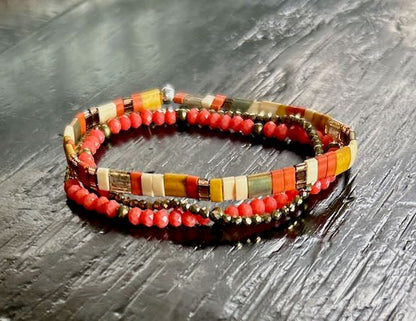 Orange Harvest Sunset Tila Bead Bracelet Set | Handmade Stretchy Boho Wrap Set
