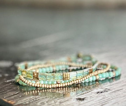 Mossy Greens & Gold or Silver Stretchy Tila Bead Stacked Bracelet Set