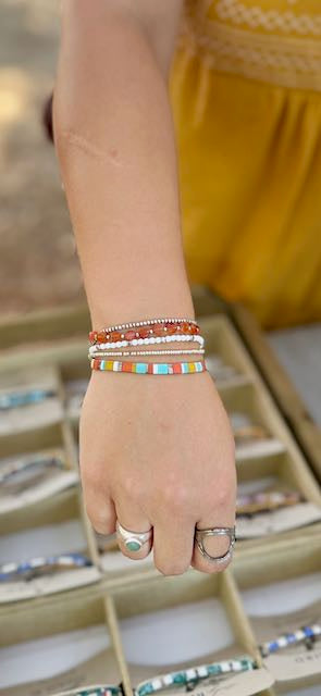 Boho Bracelet Set – Retro Style Orange Mixed Miyuki Tila Beads with Czech Glass Wrap