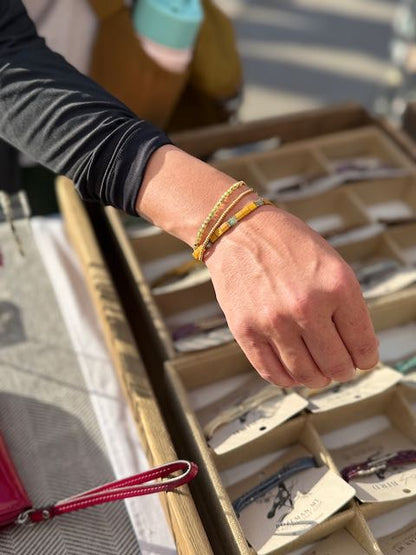 Sunflower & Moss Green Tila Bead Stacked Bracelet Set | Handmade Boho Stretch Wrap in Silver or Gold