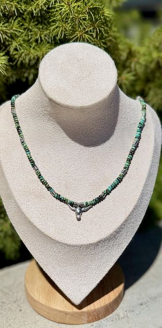 African Turquoise & Gold or Silver Steer Pendant Stretchy Gemstone Necklace