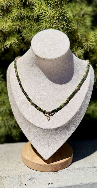 Olivine Jasper Gemstone Stretchy Necklace – Boho Jewelry with Gold or Silver Steer Skull Pendant