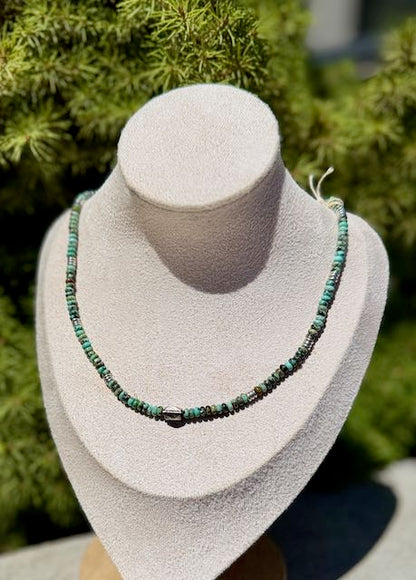 African Turquoise Boho Necklace – Stretchy Beaded Gemstone Jewelry with Thai Silver Pendant (17")