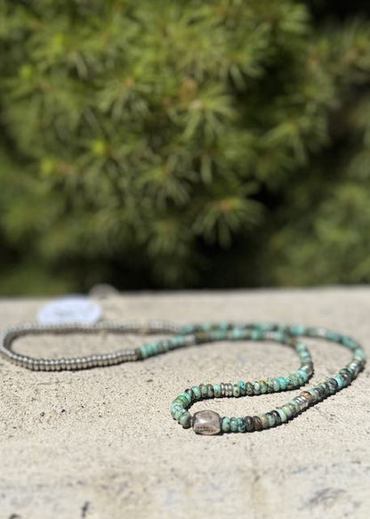 African Turquoise Boho Necklace – Stretchy Beaded Gemstone Jewelry with Thai Silver Pendant (17")