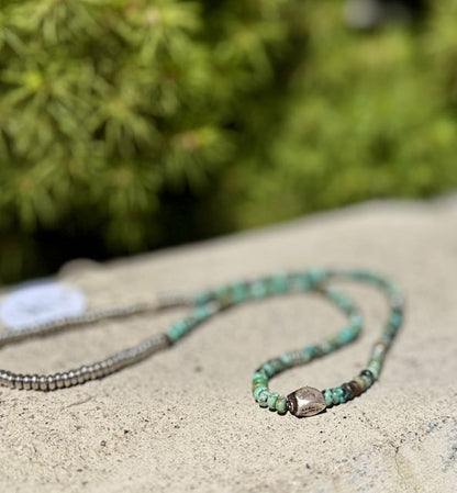 African Turquoise Boho Necklace – Stretchy Beaded Gemstone Jewelry with Thai Silver Pendant (17")