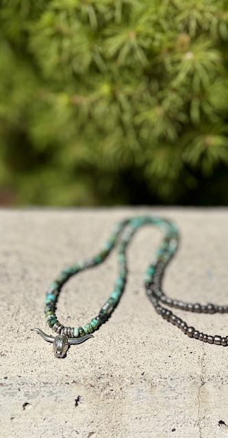 African Turquoise & Gold or Silver Steer Pendant Stretchy Gemstone Necklace